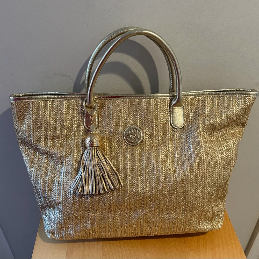 LILLY PULITZER BRISTOLE STRAW TOTE BAG GOLD METALLIC